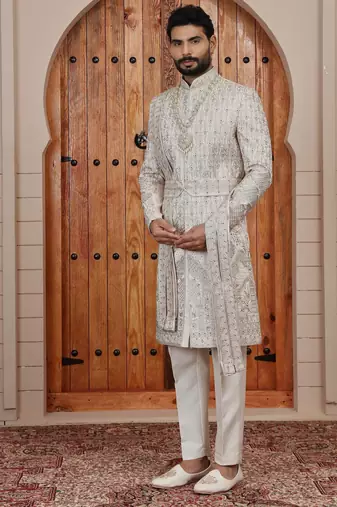 Beige computer thread work on art silk sherwani for men