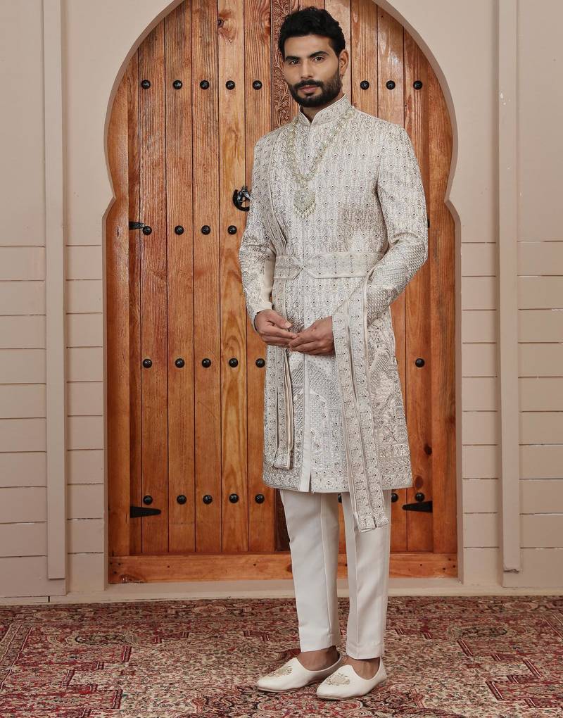 Beige computer thread work on art silk sherwani for men