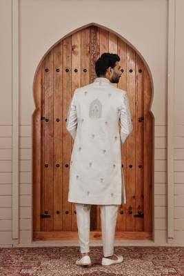 Beige computer thread work on art silk sherwani for men 5