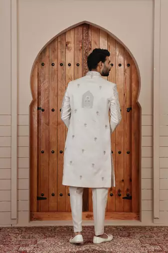 Beige computer thread work on art silk sherwani for men