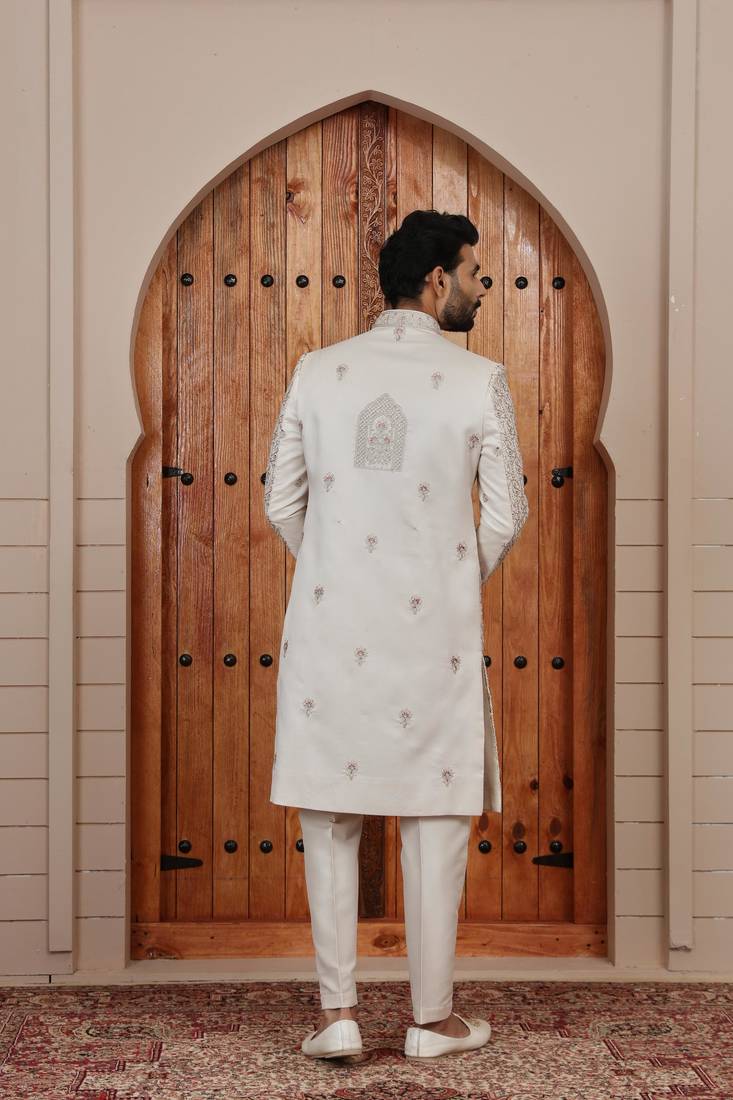 Beige computer thread work on art silk sherwani for men