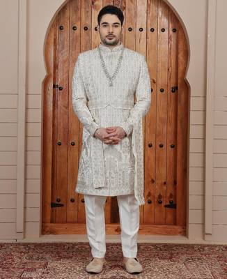 Cream computer thread work on art silk sherwani for men 1