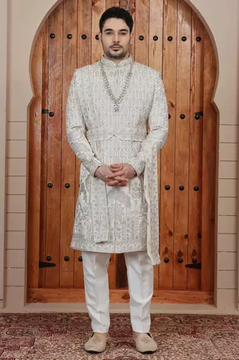 Cream computer thread work on art silk sherwani for men
