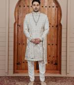 Cream computer thread work on art silk sherwani for men