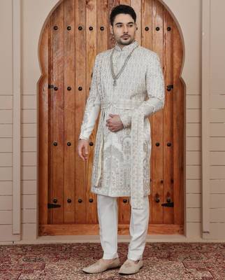 Cream computer thread work on art silk sherwani for men 2