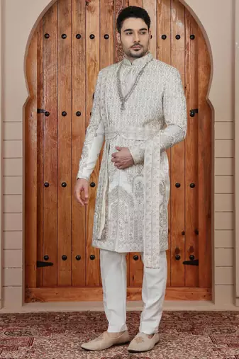 Cream computer thread work on art silk sherwani for men