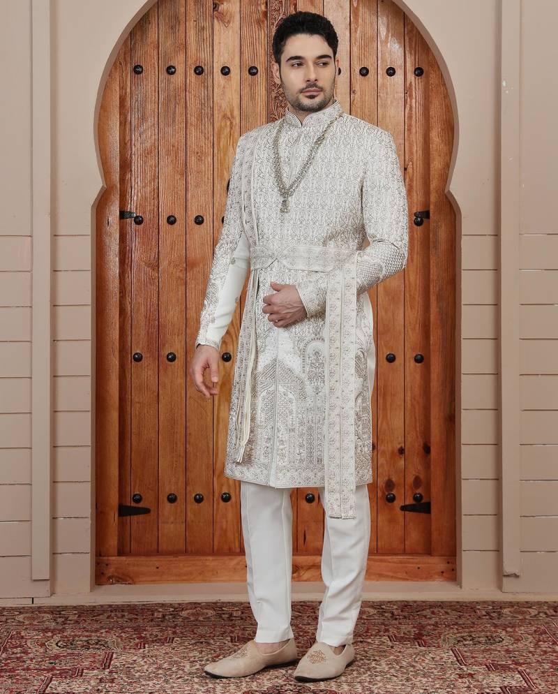 Cream computer thread work on art silk sherwani for men