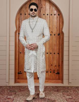 Cream computer thread work on art silk sherwani for men 3