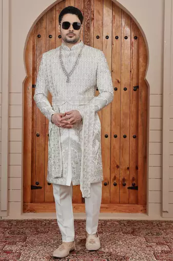 Cream computer thread work on art silk sherwani for men