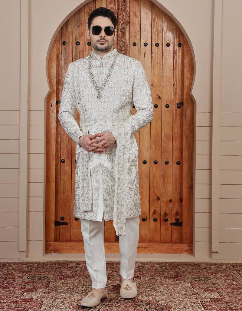 Cream computer thread work on art silk sherwani for men