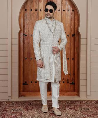 Cream computer thread work on art silk sherwani for men 4