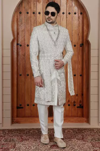 Cream computer thread work on art silk sherwani for men
