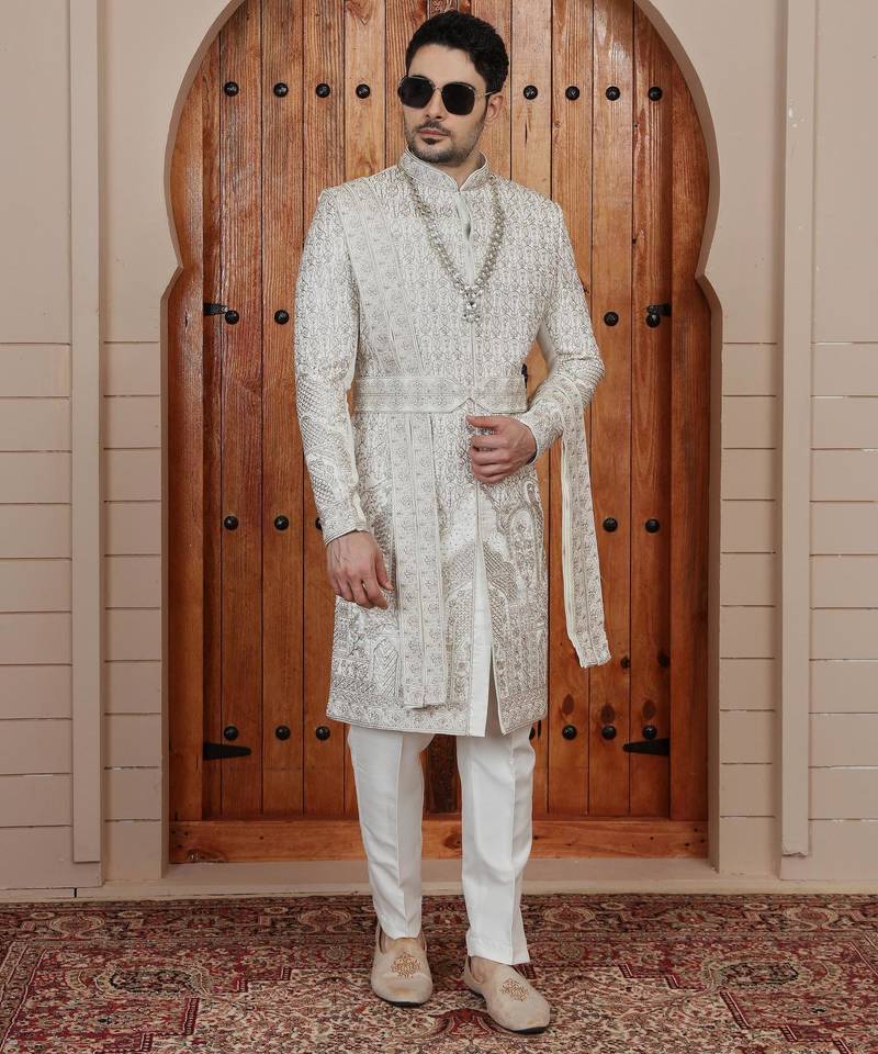 Cream computer thread work on art silk sherwani for men