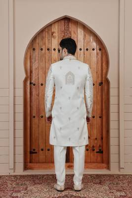 Cream computer thread work on art silk sherwani for men 5