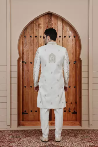 Cream computer thread work on art silk sherwani for men