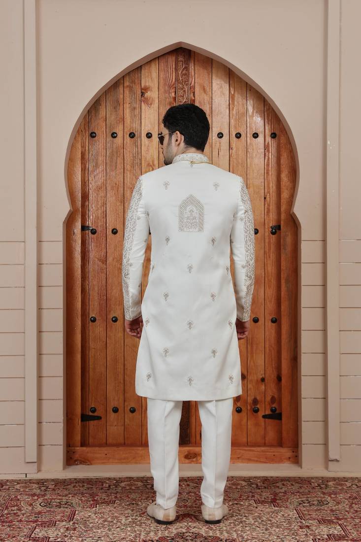 Cream computer thread work on art silk sherwani for men
