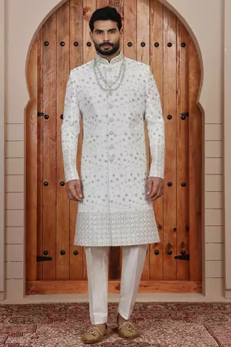 Cream computer thread work on art silk sherwani for men
