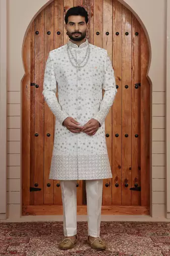 Cream computer thread work on art silk sherwani for men