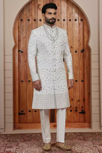 Cream computer thread work on art silk sherwani for men