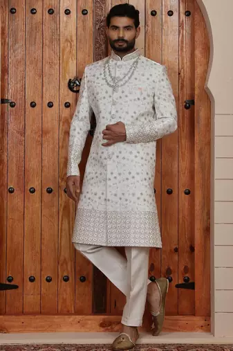 Cream computer thread work on art silk sherwani for men