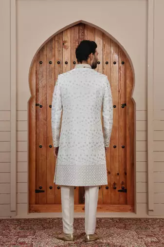 Cream computer thread work on art silk sherwani for men