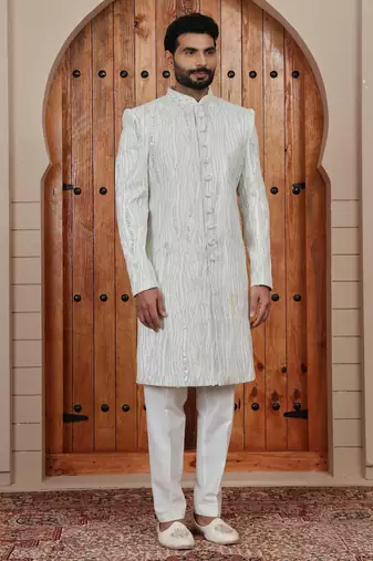 Cream computer thread work on art silk sherwani for men
