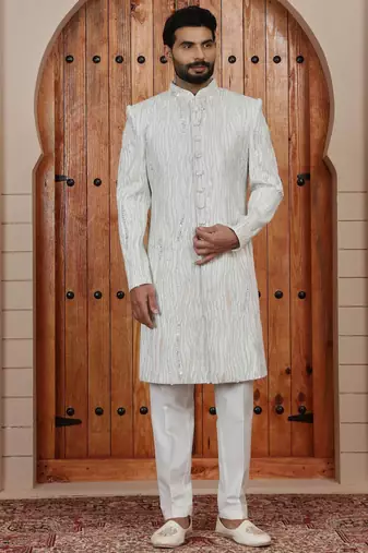 Cream computer thread work on art silk sherwani for men