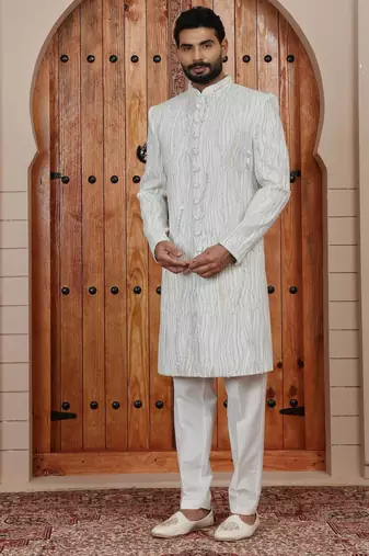 Cream computer thread work on art silk sherwani for men