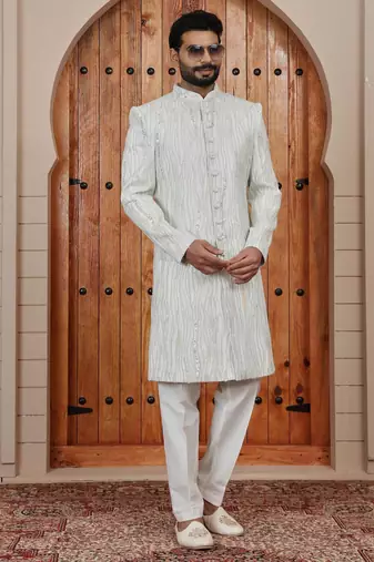 Cream computer thread work on art silk sherwani for men