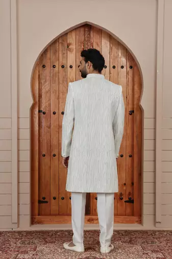 Cream computer thread work on art silk sherwani for men