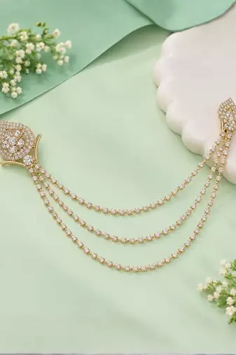 Eye Catching Stone Studded Three Chain Pin Brooch for Men Sherwani Suit Blazer Kurta Brooch 