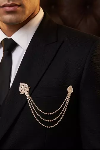 Eye Catching Stone Studded Three Chain Pin Brooch for Men Sherwani Suit Blazer Kurta Brooch 