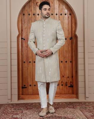 Beige computer thread work on art silk sherwani for men 1