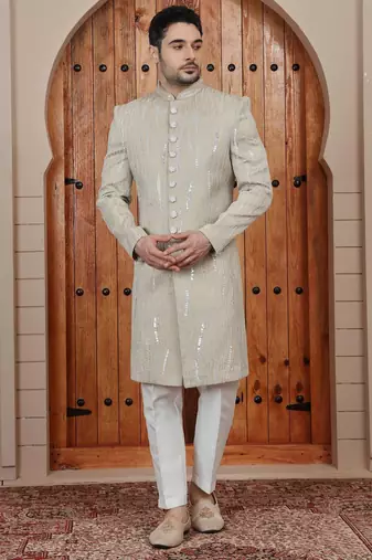 Beige computer thread work on art silk sherwani for men
