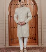 Beige computer thread work on art silk sherwani for men