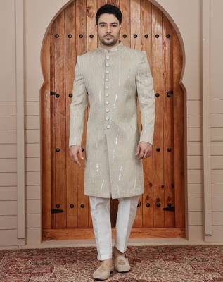Beige computer thread work on art silk sherwani for men 2
