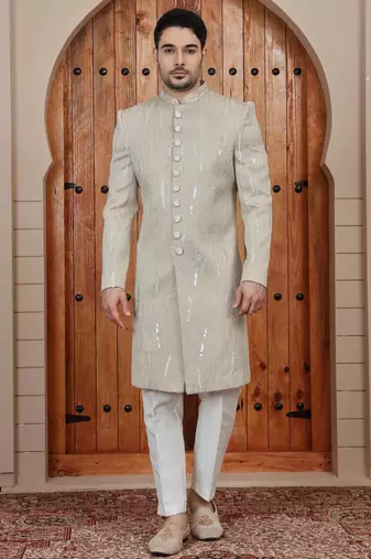 Beige computer thread work on art silk sherwani for men