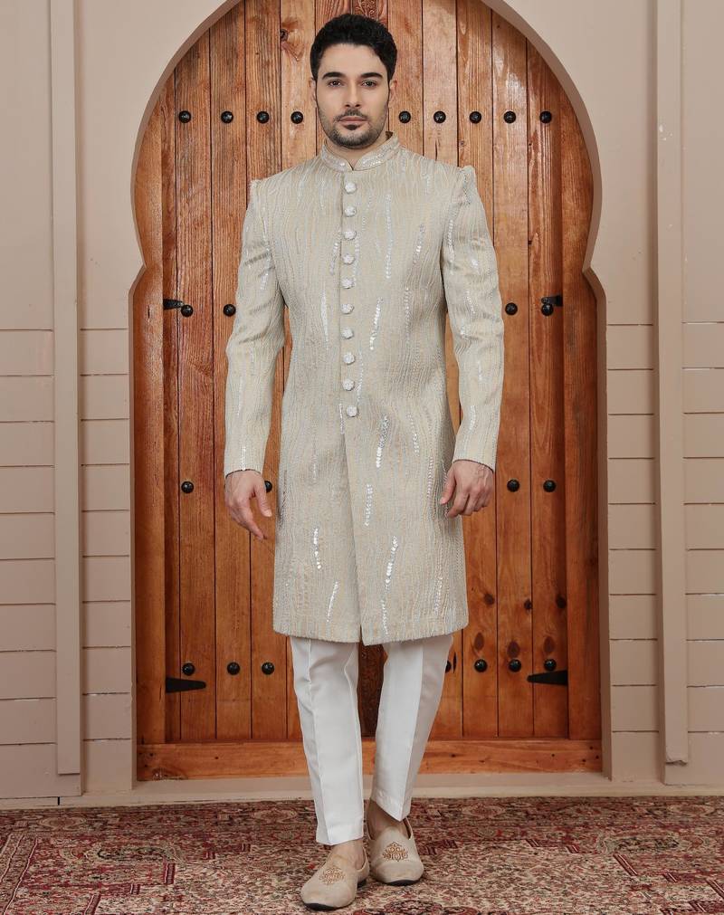 Beige computer thread work on art silk sherwani for men