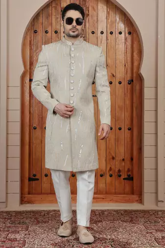 Beige computer thread work on art silk sherwani for men