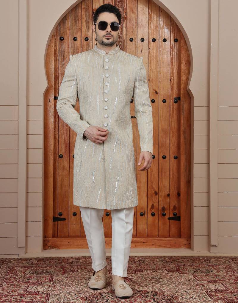 Beige computer thread work on art silk sherwani for men