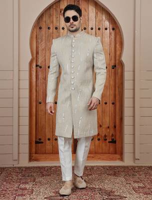 Beige computer thread work on art silk sherwani for men 4