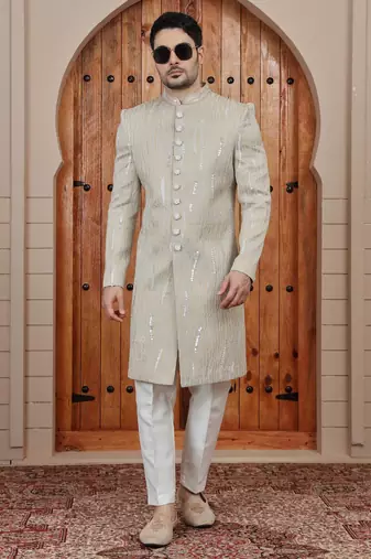 Beige computer thread work on art silk sherwani for men