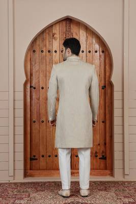 Beige computer thread work on art silk sherwani for men 5