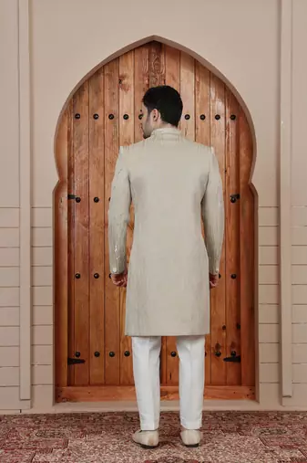 Beige computer thread work on art silk sherwani for men