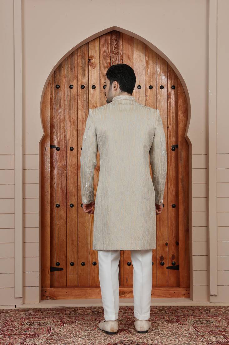 Beige computer thread work on art silk sherwani for men