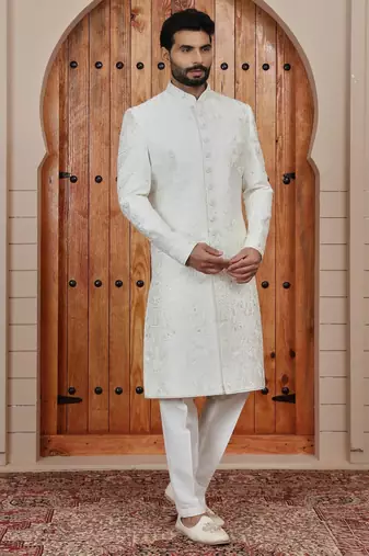 Cream computer thread work on art silk sherwani for men