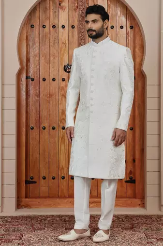 Cream computer thread work on art silk sherwani for men