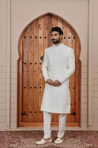 Cream computer thread work on art silk sherwani for men