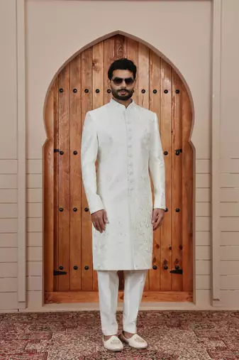 Cream computer thread work on art silk sherwani for men