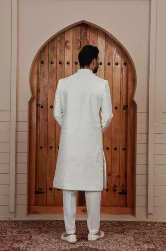 Cream computer thread work on art silk sherwani for men